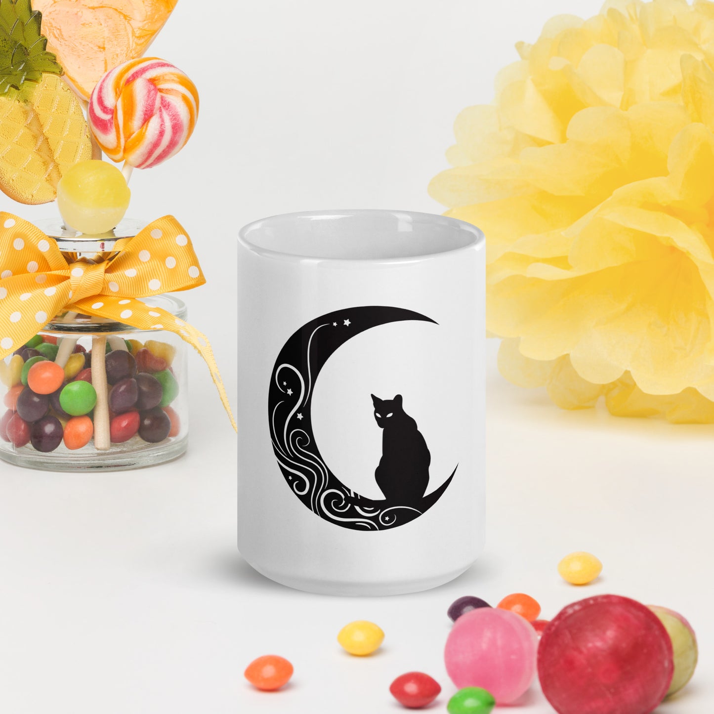 Moon Cat White glossy mug